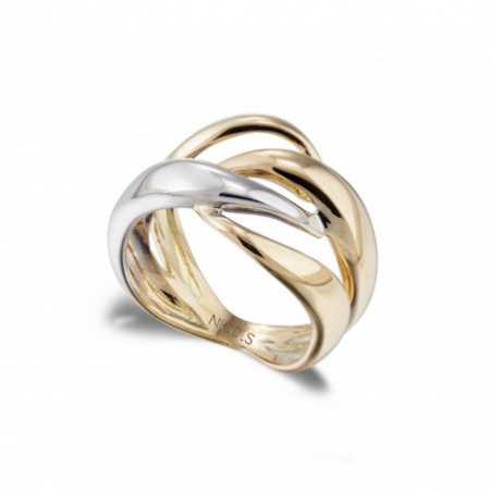 Ring Sculptural Gold Double Cross Band Yellow and White Gold
