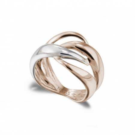 Ring Sculptural Gold Double Cross Band Rose Gold and White Gold